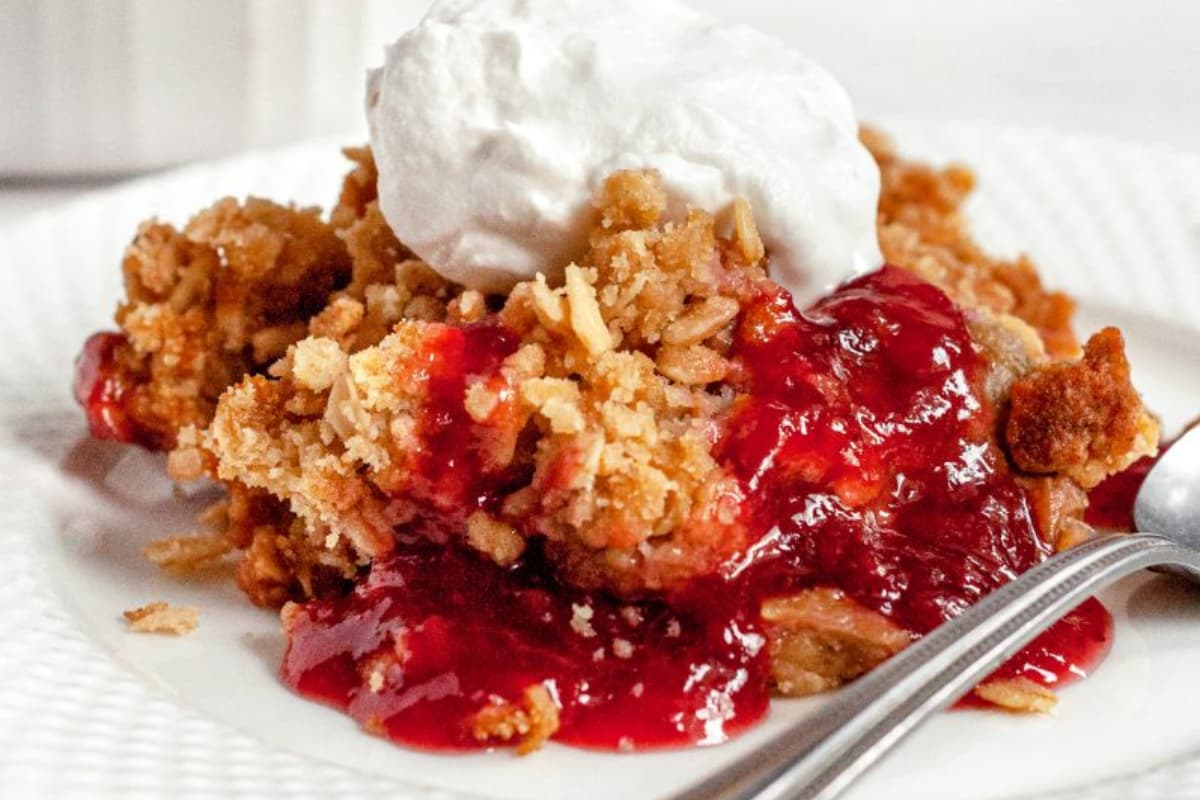 A plate of Gluten-Free Rhubarb Crisp.