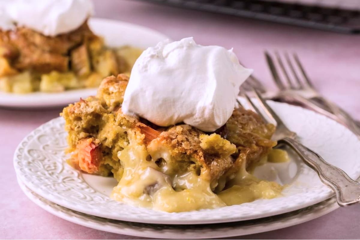 Plates of Old Fashioned Rhubarb Custard Cake.