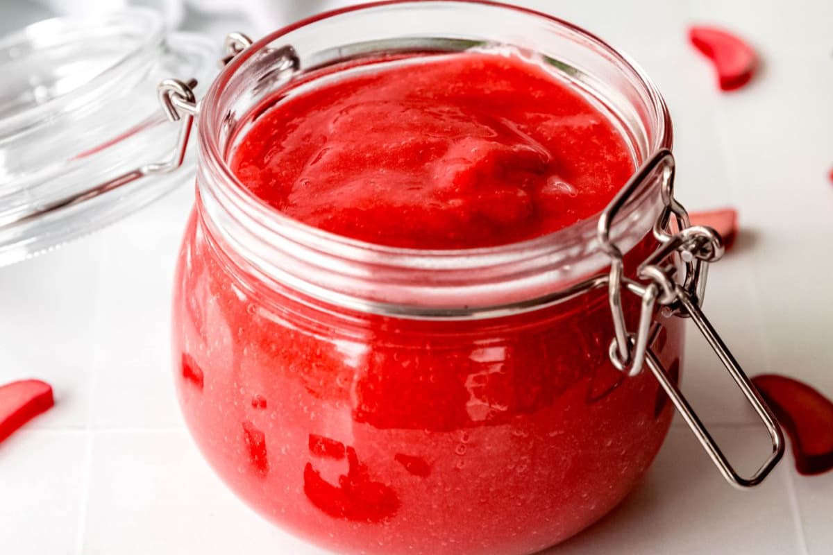 A jar of Easy Rhubarb Sauce.