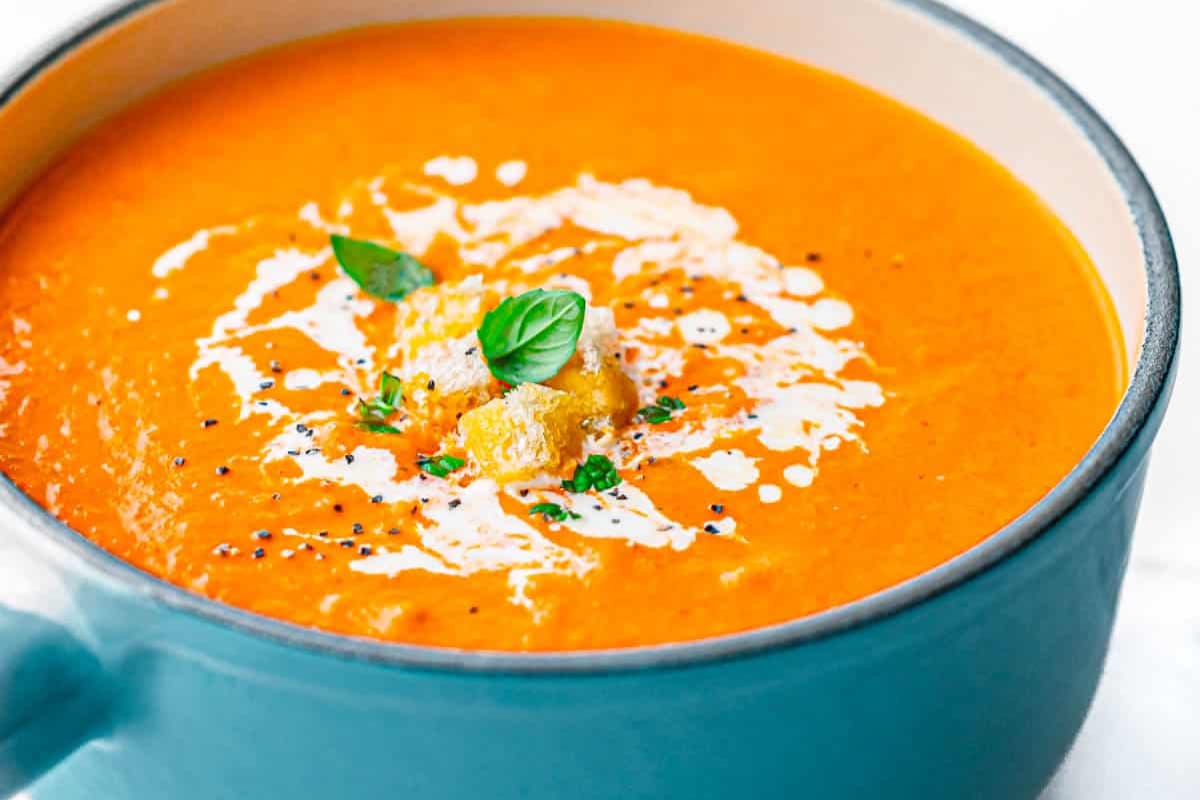 A pot of Roasted Garlic Tomato Soup.