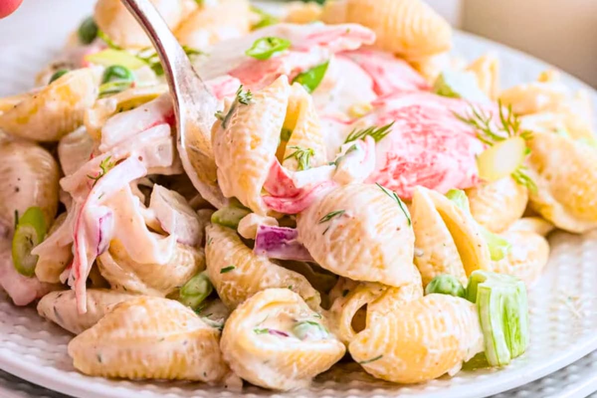 A plate of Crab Pasta Salad.
