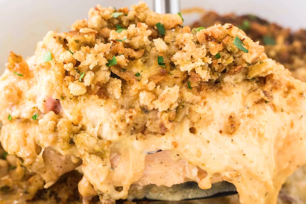 A dish of Crockpot Chicken Cordon Bleu