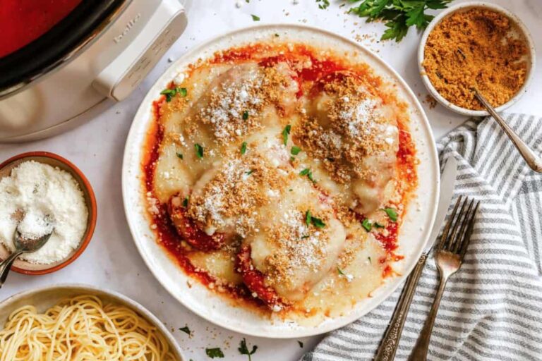 A plate of Slow Cooker Chicken Parmesan.