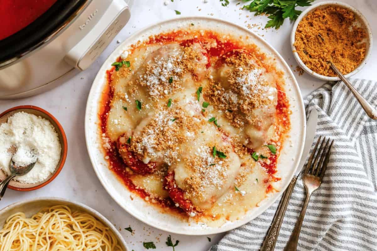 A plate of Slow Cooker Chicken Parmesan.