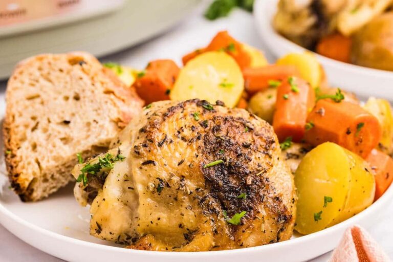 A plate of Crockpot Chicken and Potatoes.