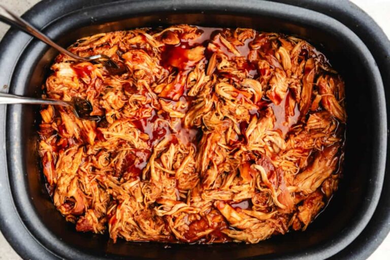 A dish of Crock Pot Brown Sugar Bourbon BBQ Chicken.