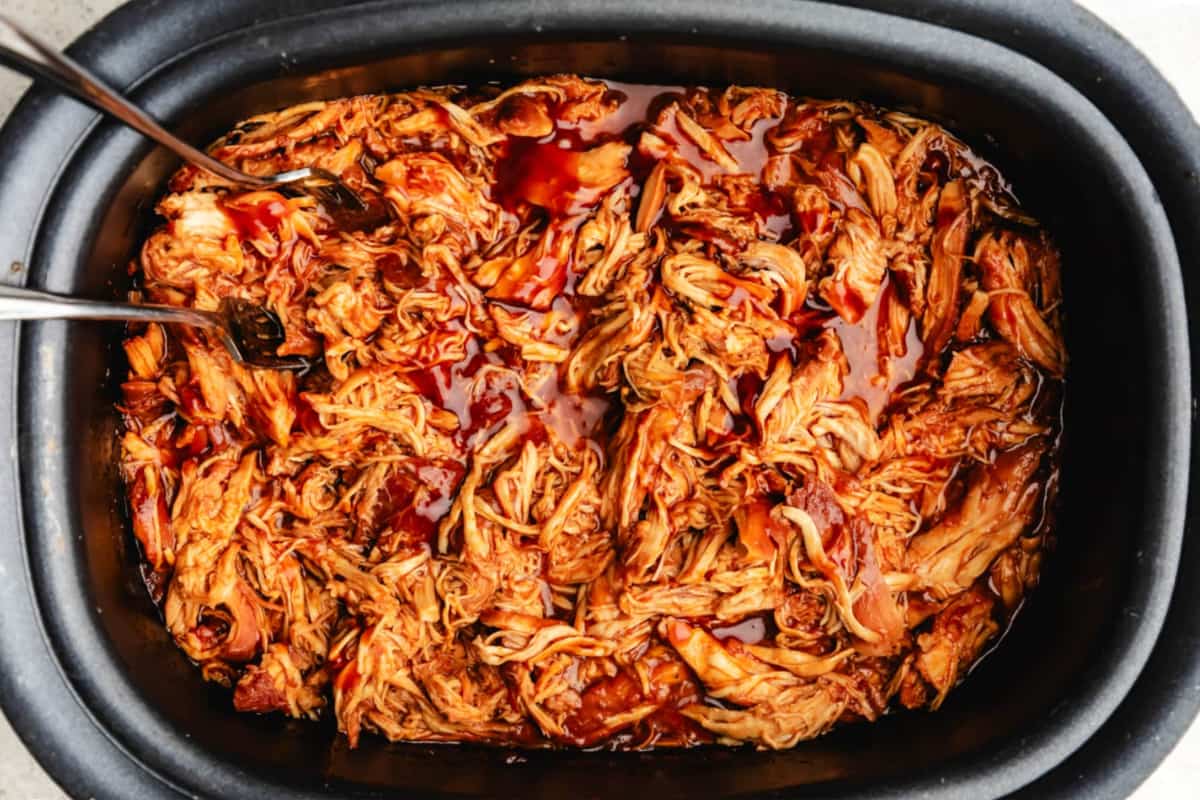 A dish of Crock Pot Brown Sugar Bourbon BBQ Chicken.