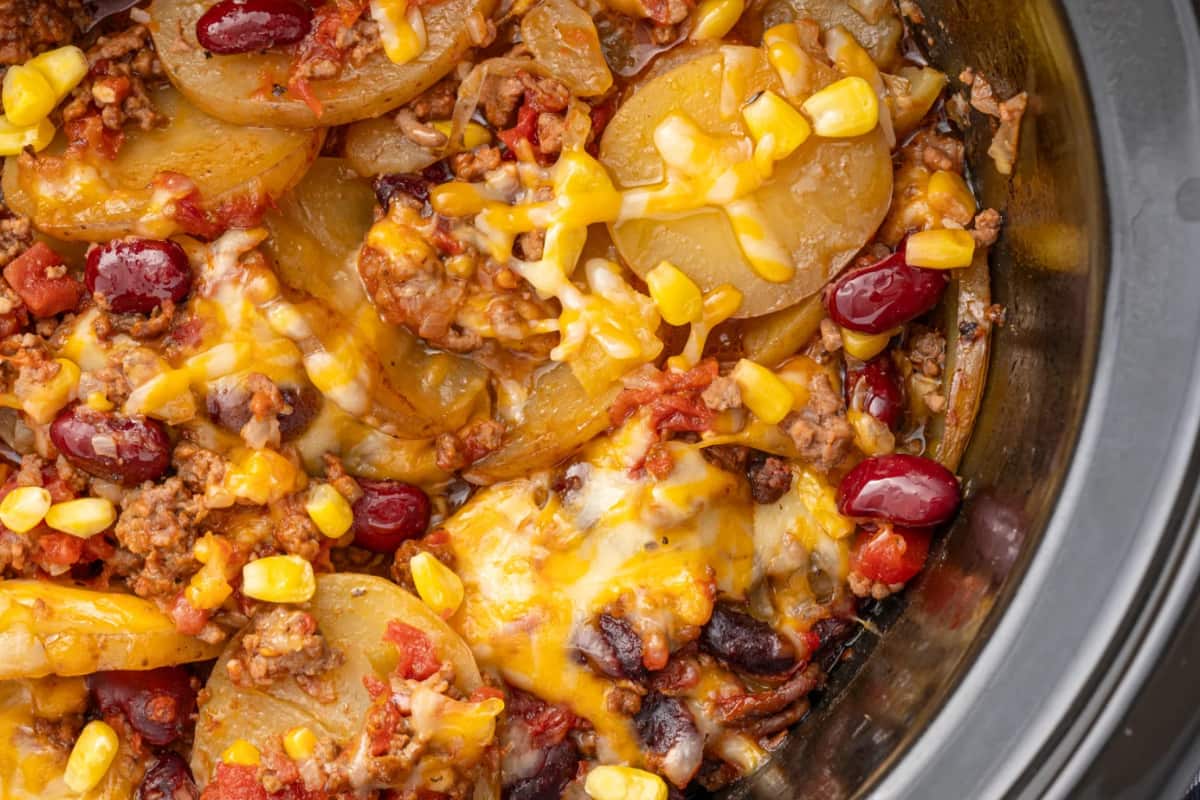 A dish of Crock Pot Cowboy Casserole.