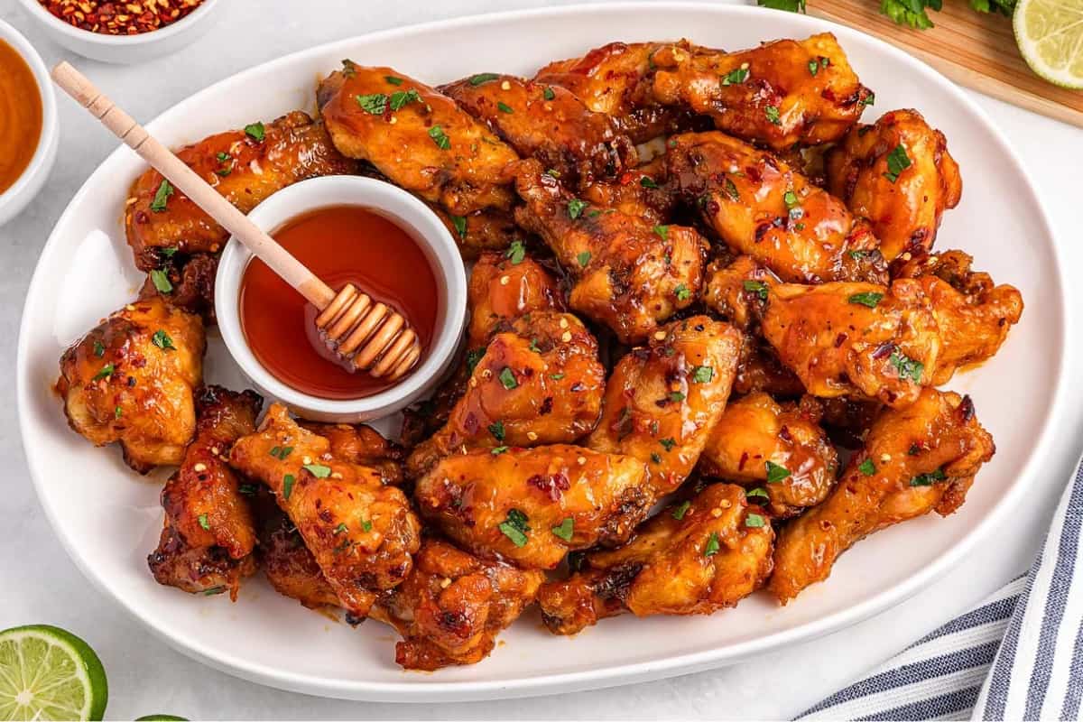 A dish of Slow Cooker Hot Honey Wings.