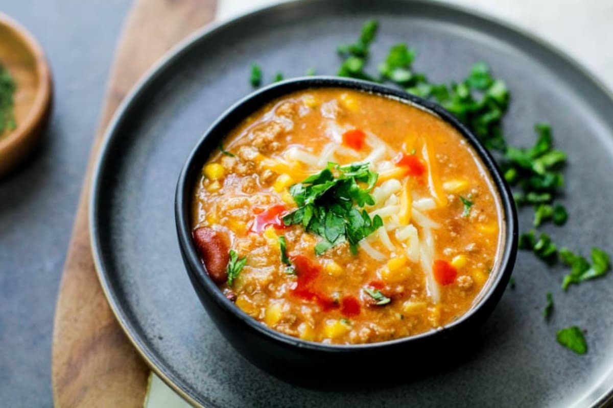 A bowl of Puerto Rican Slow Cooker Turkey Chili.