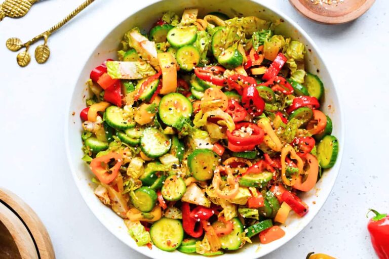 A dish of Sweet Pepper Cucumber Crunch Salad.