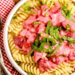 A dish of strawberry pasta.
