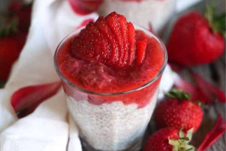 A dish of Strawberry Rhubarb Compote with Chia Pudding.