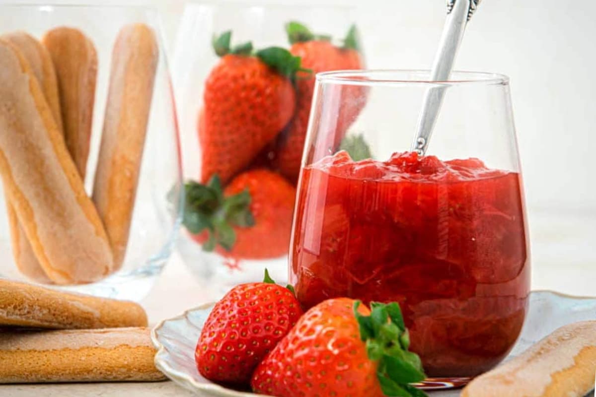 A glass of Strawberry Rhubarb Sauce (Compote).