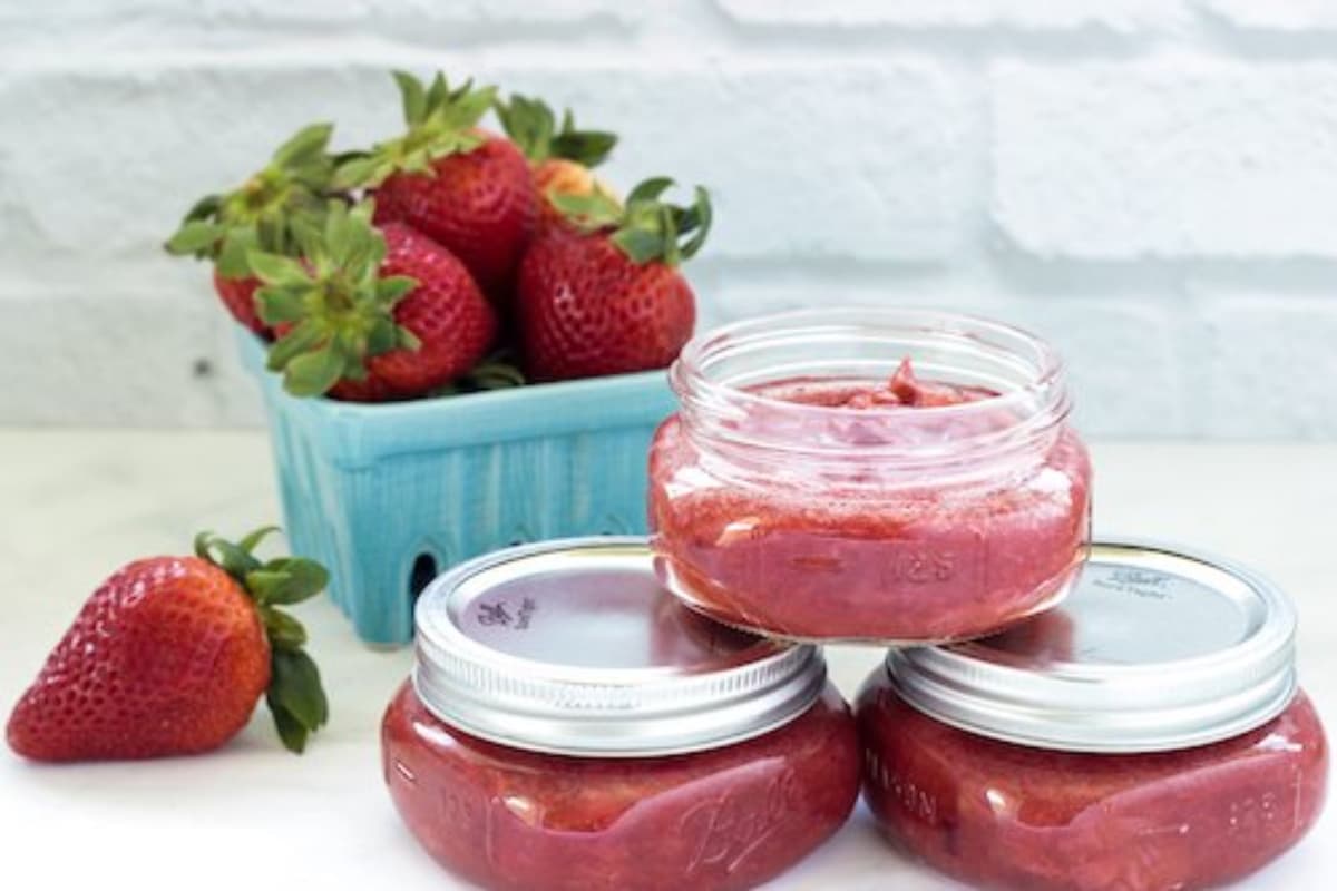 Jars of Sugar-Free Strawberry Rhubarb Jam.