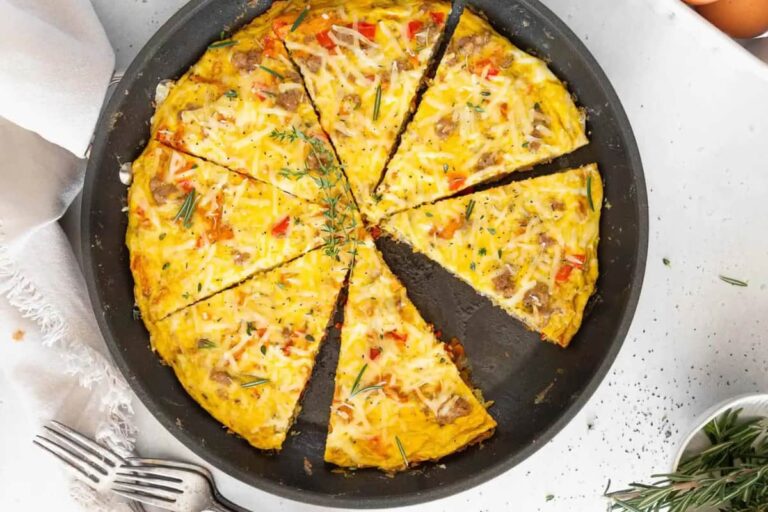 A pan of Sweet Potato and Sausage Frittata.