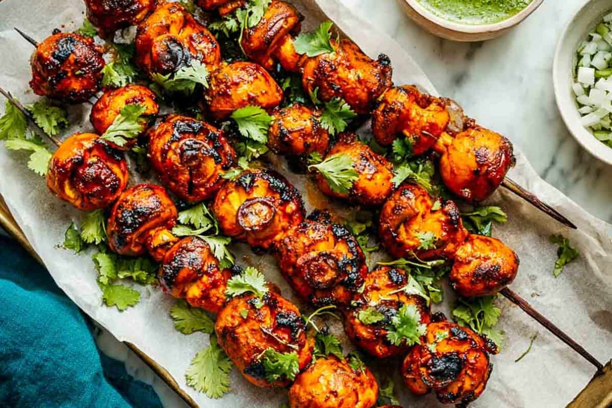 A dish of Tandoori Mushroom Skewers.