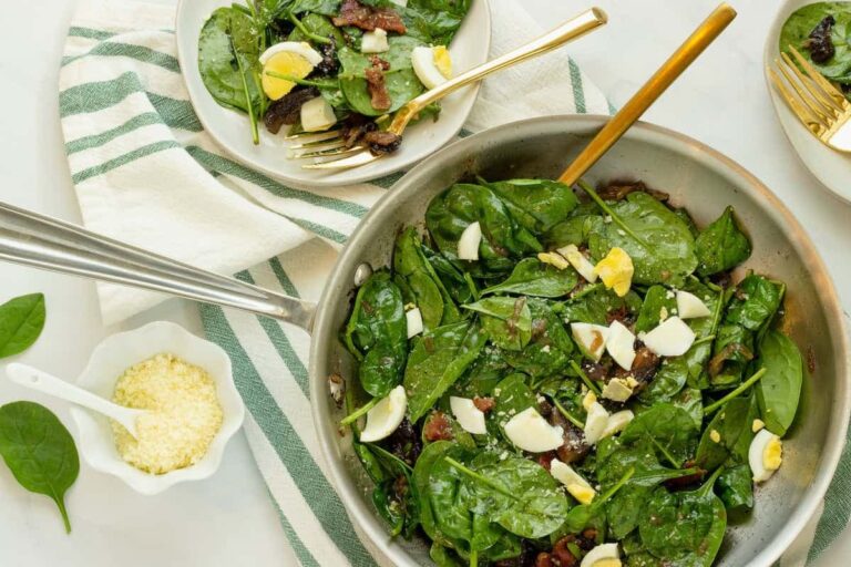 A dish of Warm Spinach Salad.