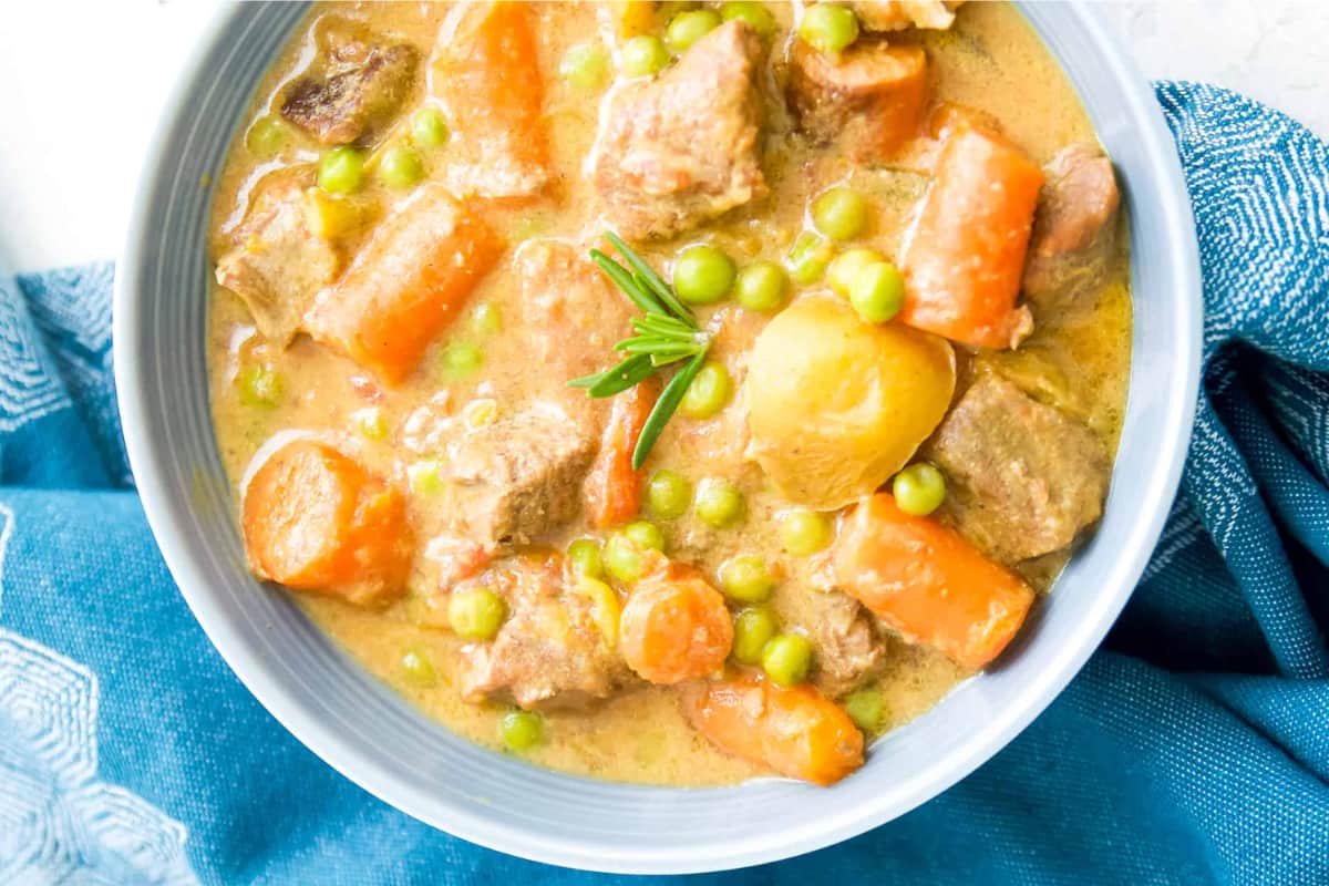 A bowl of Easy Slow Cooker Beef Curry Stew.
