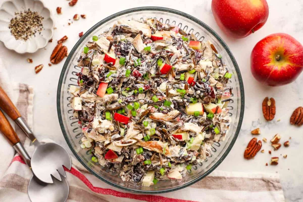 A bowl of Chicken and Wild Rice Salad.