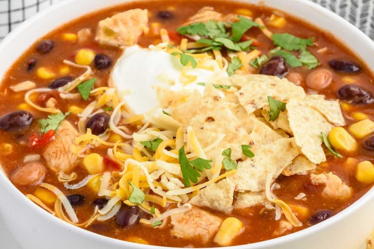 A bowl of 7 Can Taco Soup.