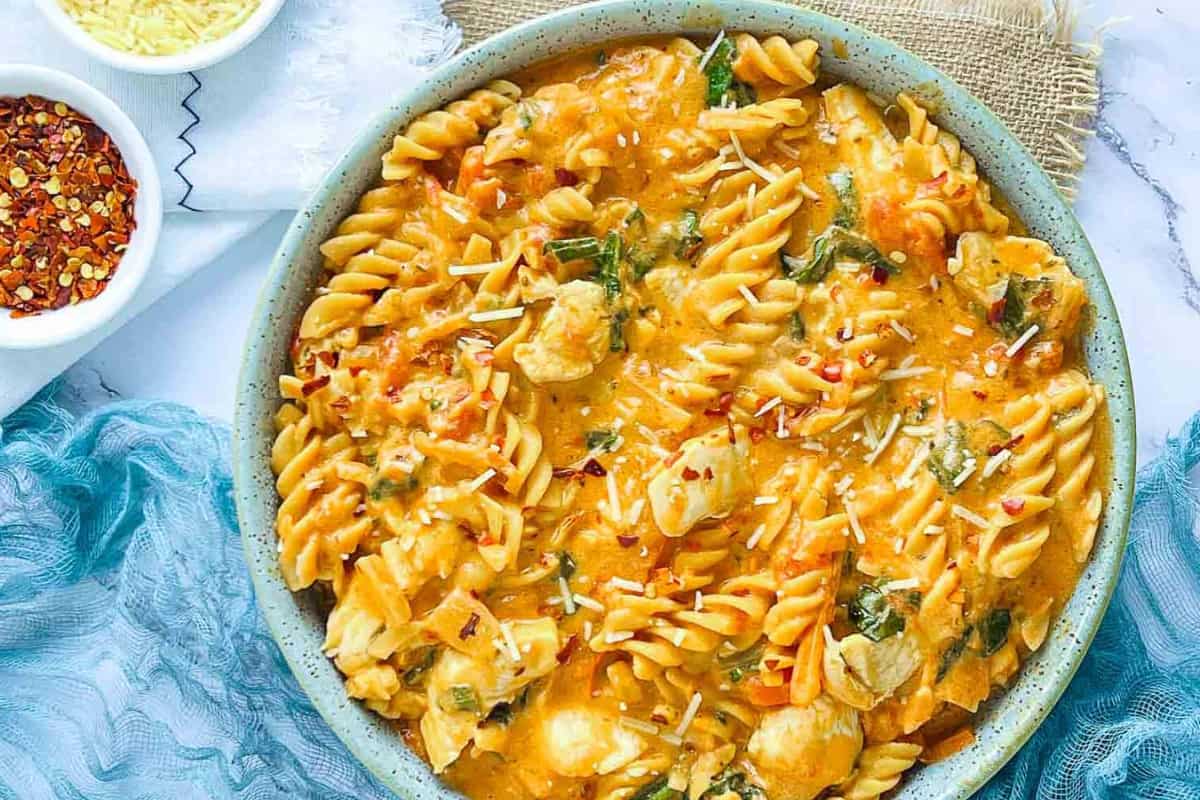A dish of One-Pot Chicken Chickpea Pasta.