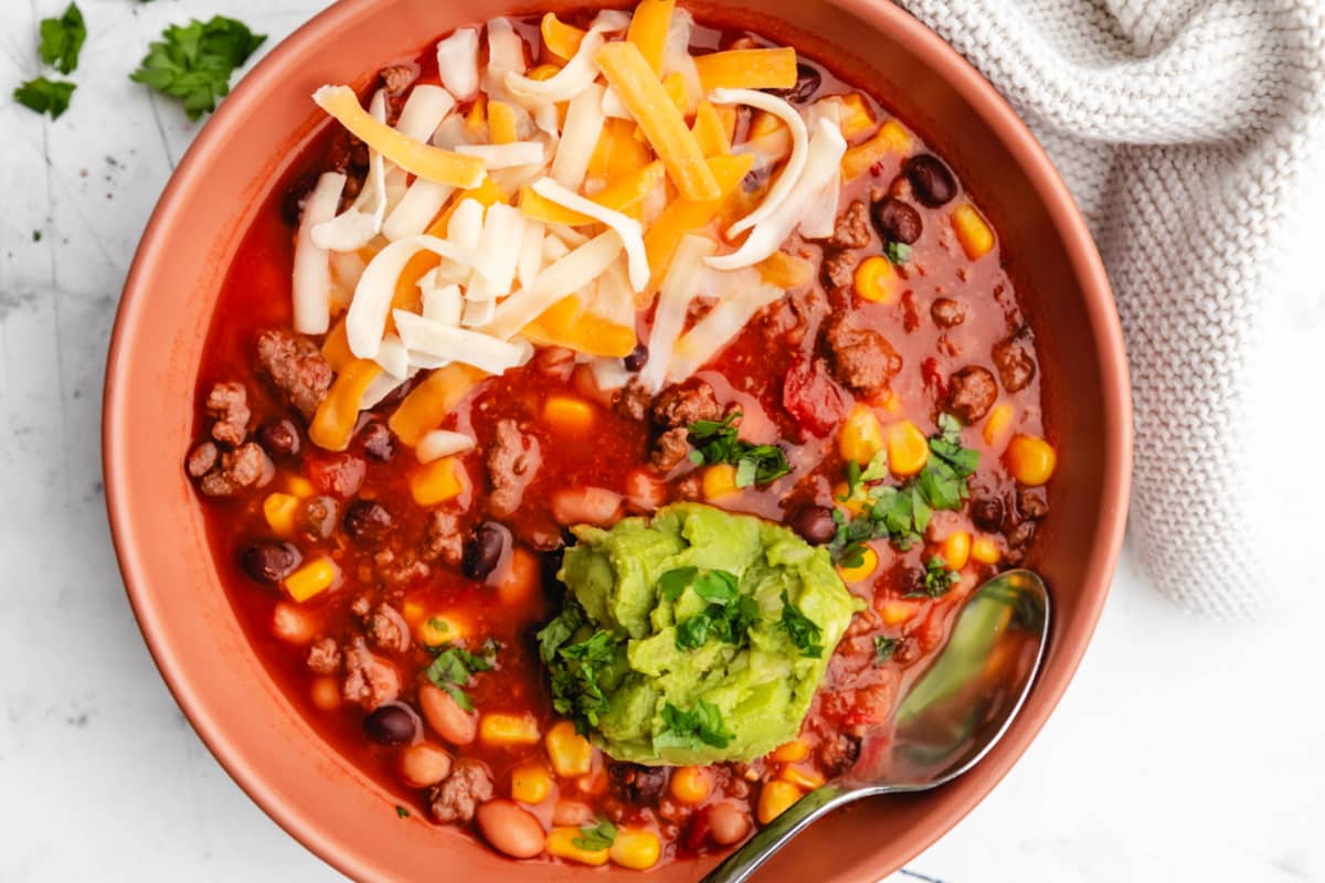 A bowl of Instant Pot Taco Soup.