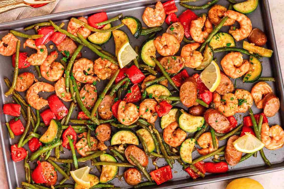 A pan of Sheet Pan Shrimp and Sausage.