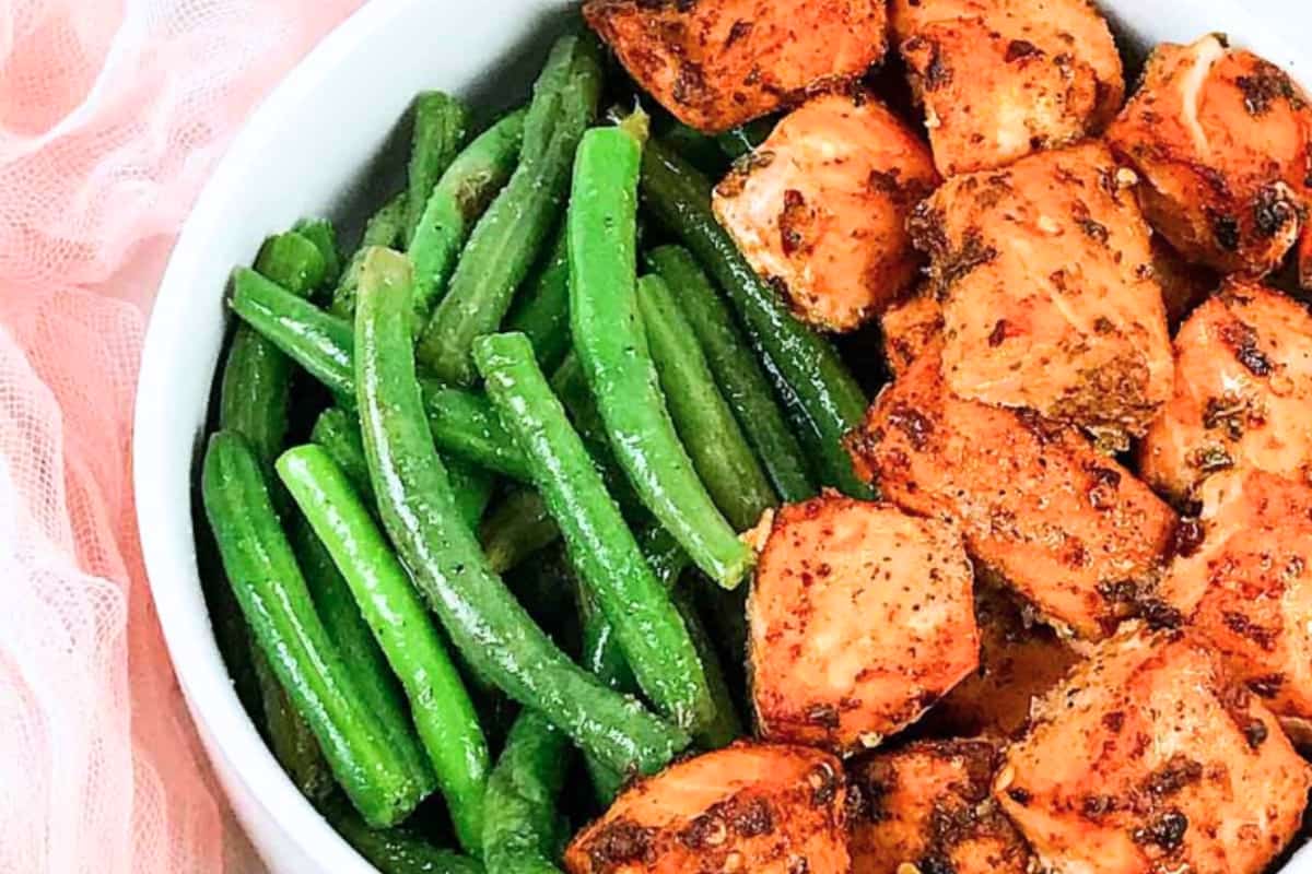 A dish of Air Fryer Salmon Bites.