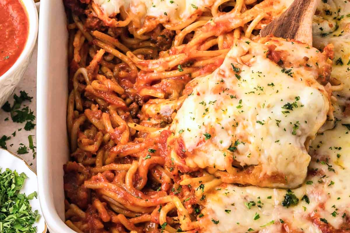 A dish of Baked Spaghetti.