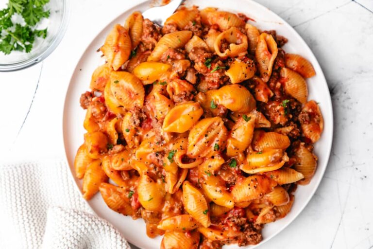A dish of Instant Pot Beef and Shells.