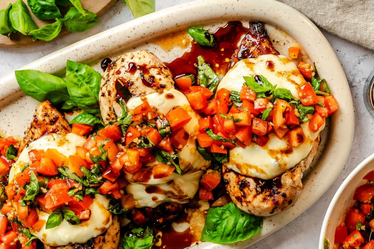 A dish of Grilled Bruschetta Chicken.