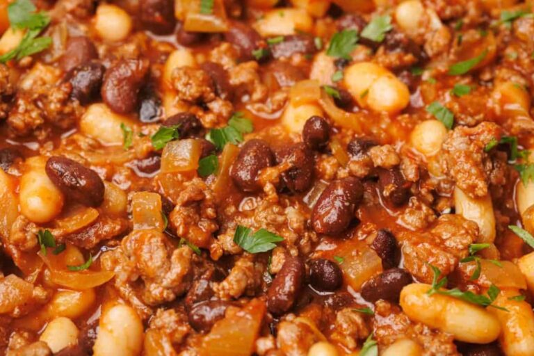 A dish of Baked Beans With Ground Beef.