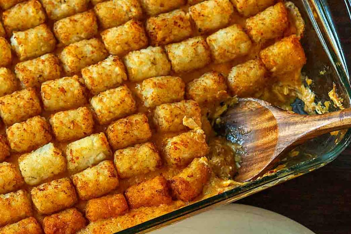 A dish of Tater Tot Buffalo Chicken Casserole.