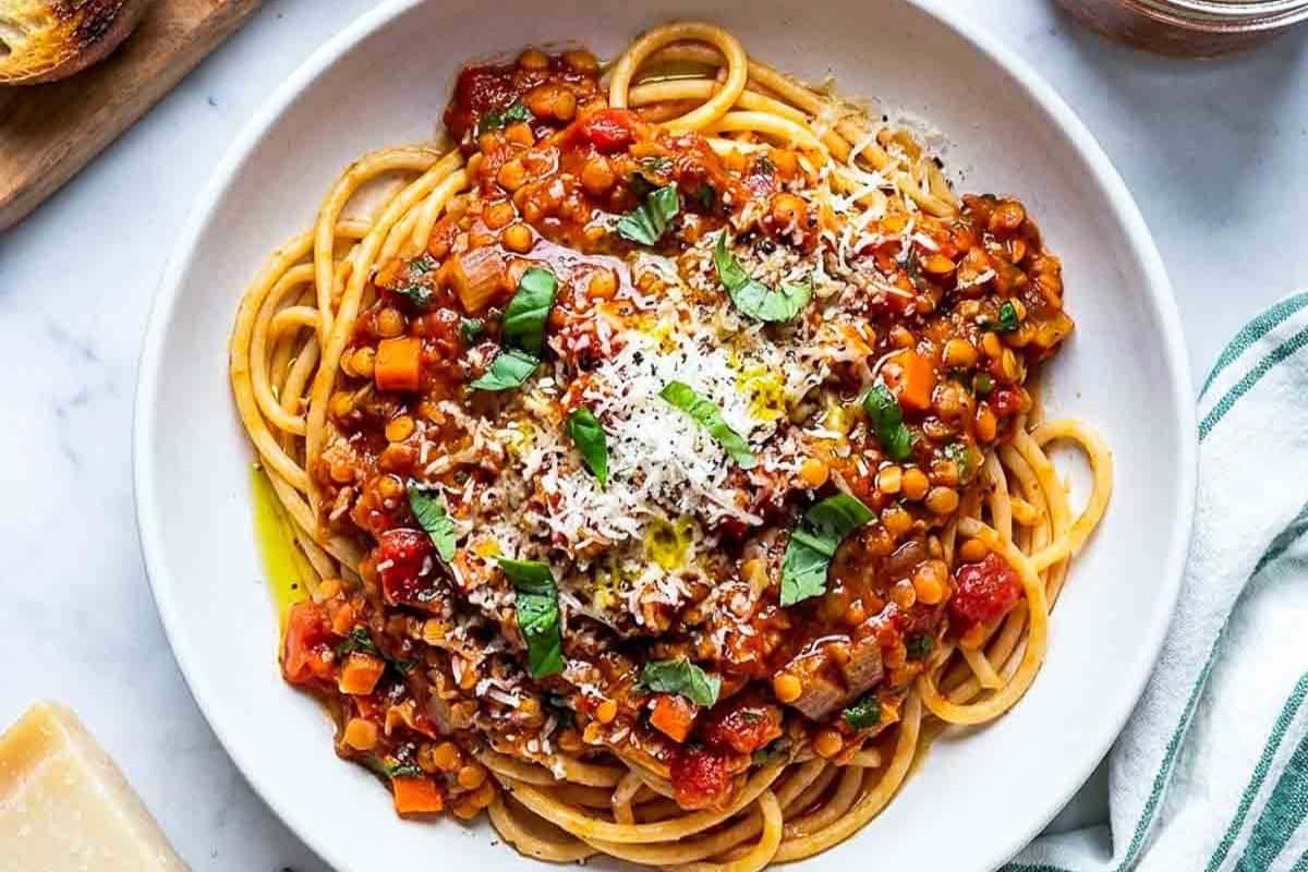 A dish of Red Lentil Bolognese.