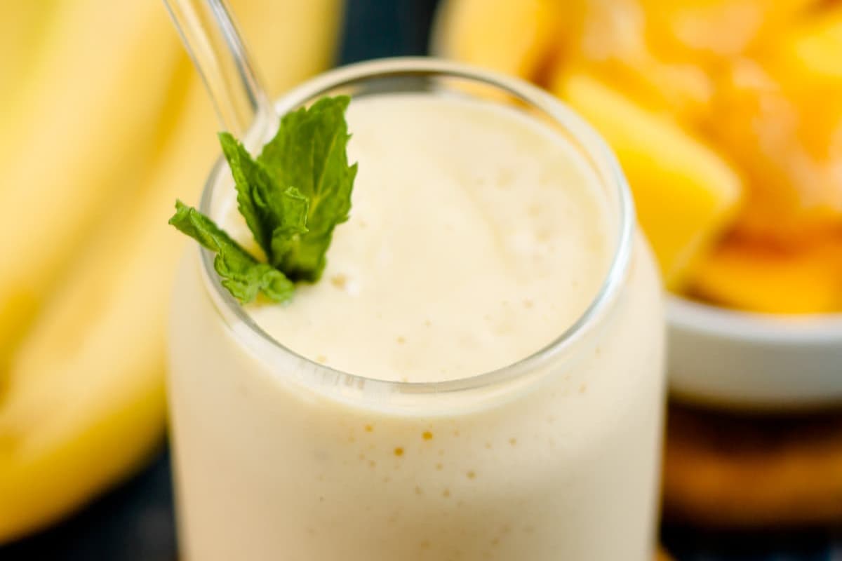 A glass of Mango Banana Smoothie.