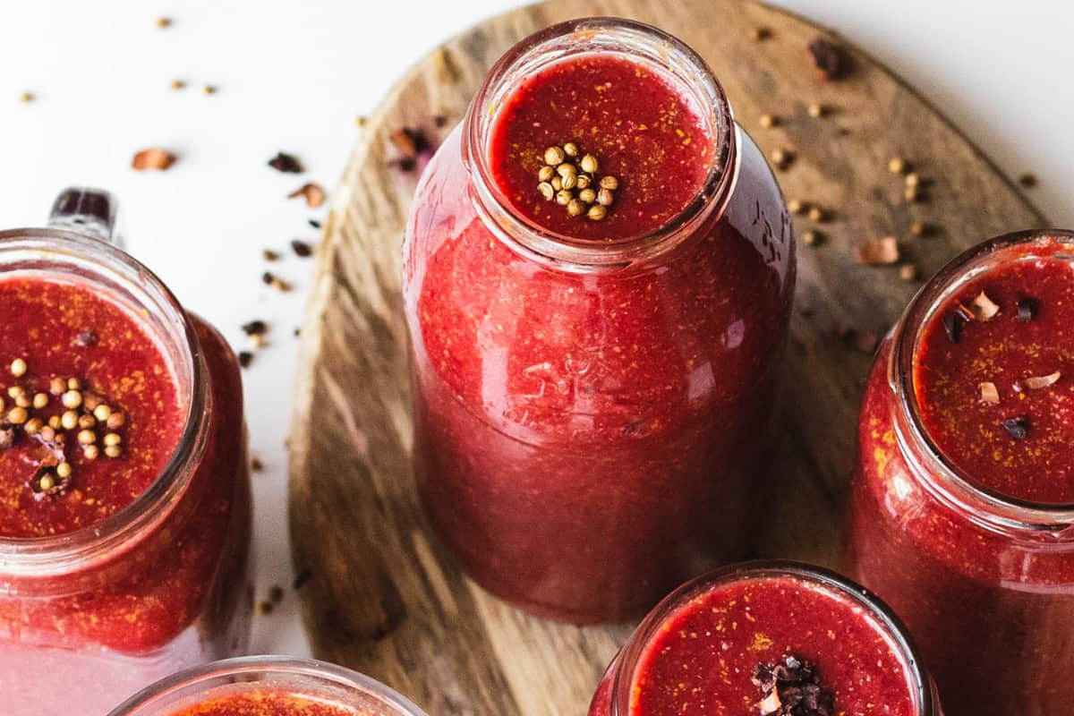 Glasses of Beet Broccoli Chia Smoothie.