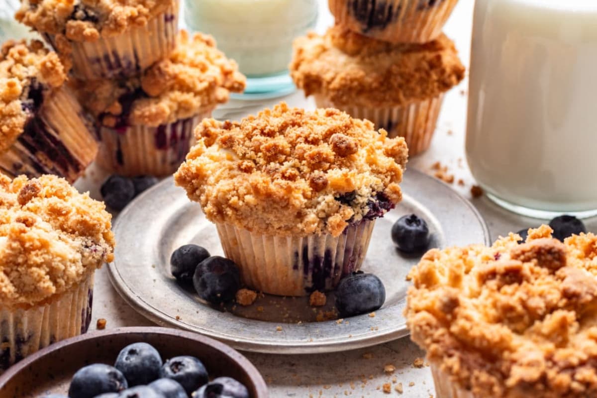 A dish of Blueberry Streusel Muffins.