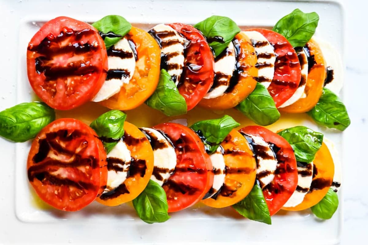 A dish of Caprese Salad.