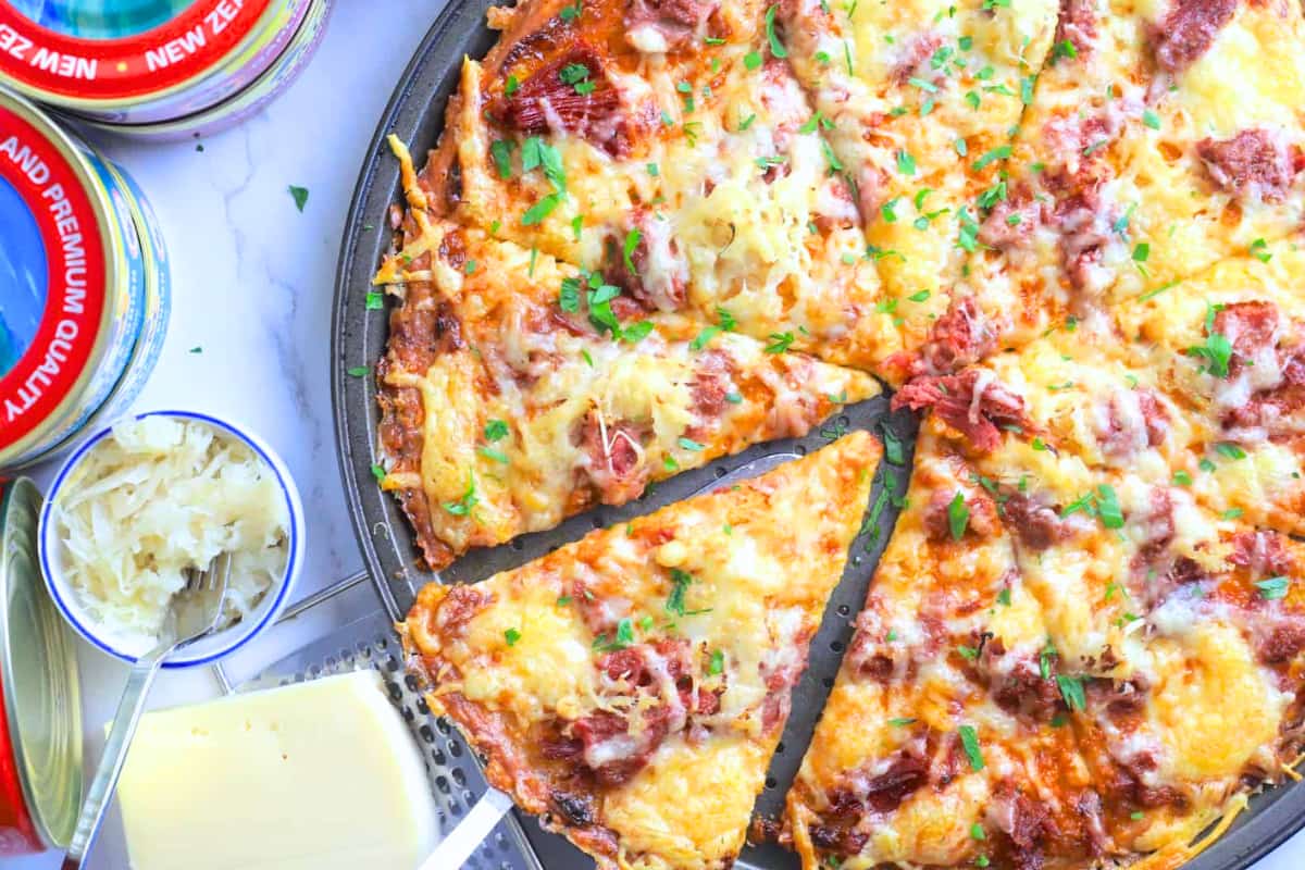 A dish of Low Carb Reuben Pizza.