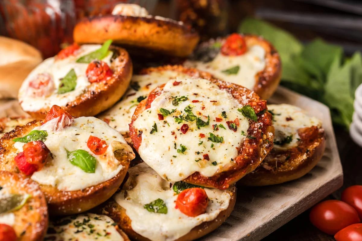 A plate of Homemade Pizza Bagel Bites.