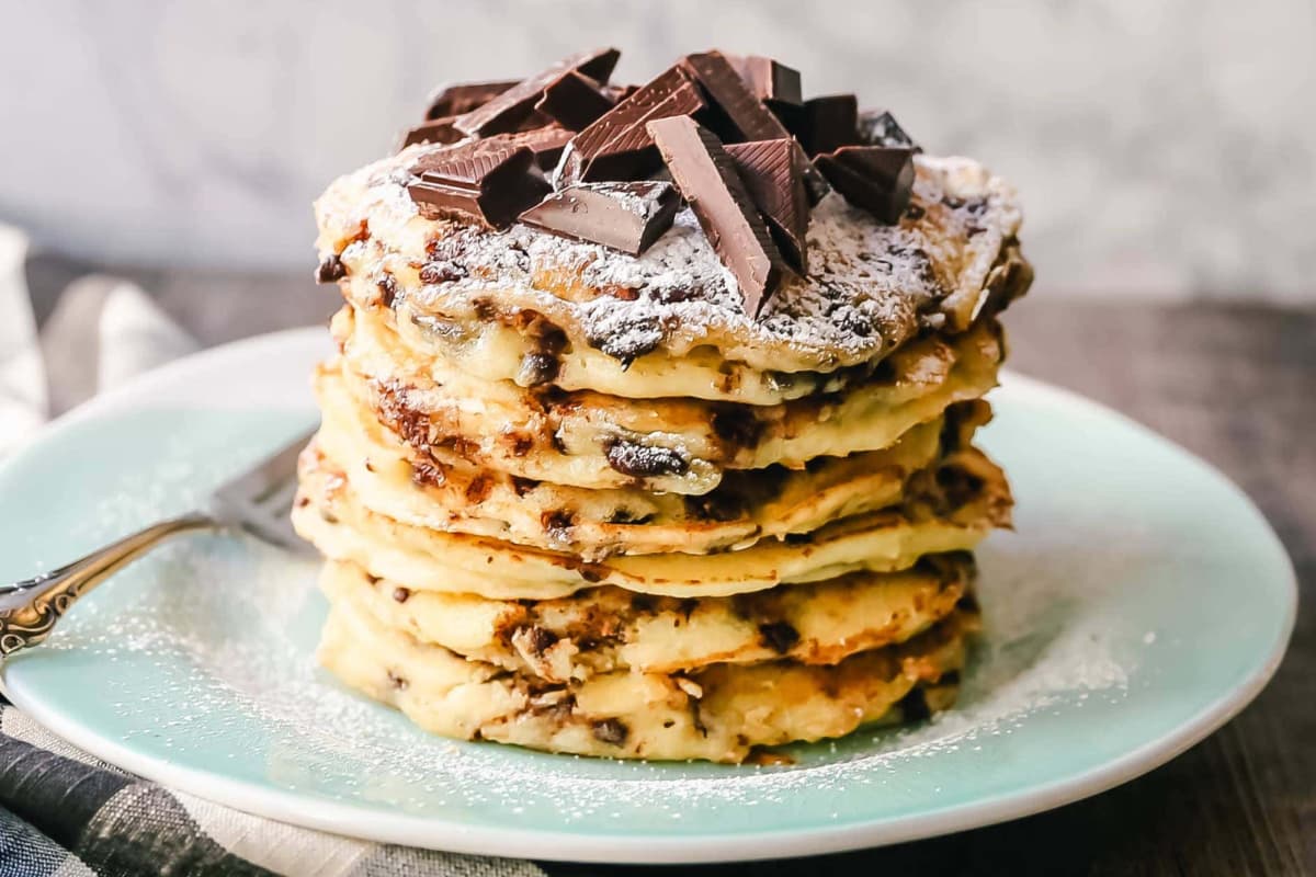 A plate of Chocolate Chip Ricotta Pancakes.