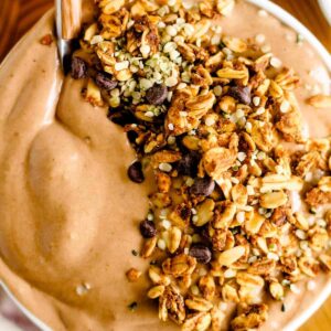 A dish of chocolate smoothie bowl.