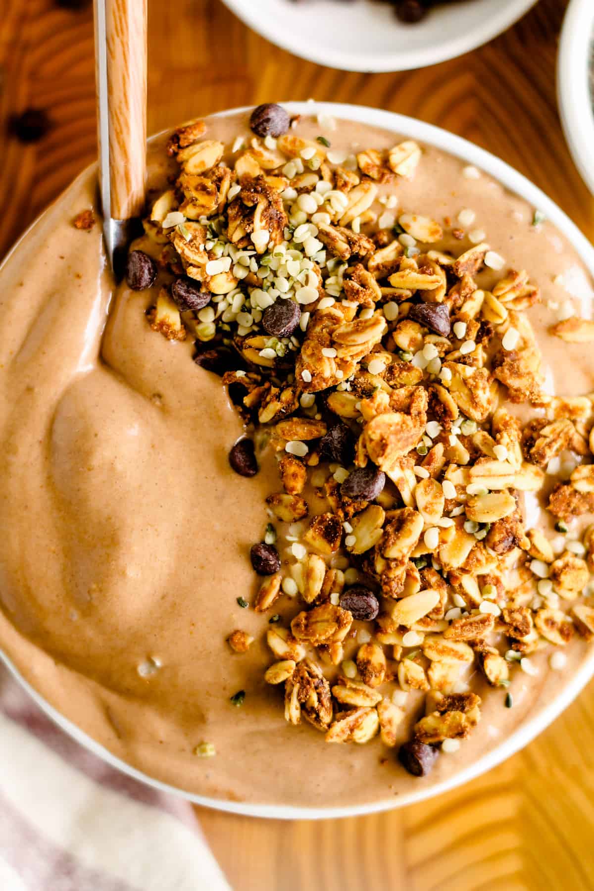 A dish of chocolate smoothie bowl.
