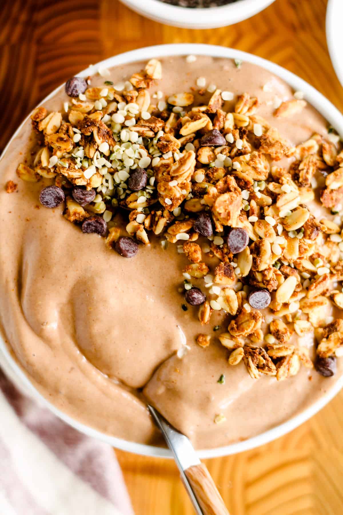 A dish of chocolate smoothie bowl.