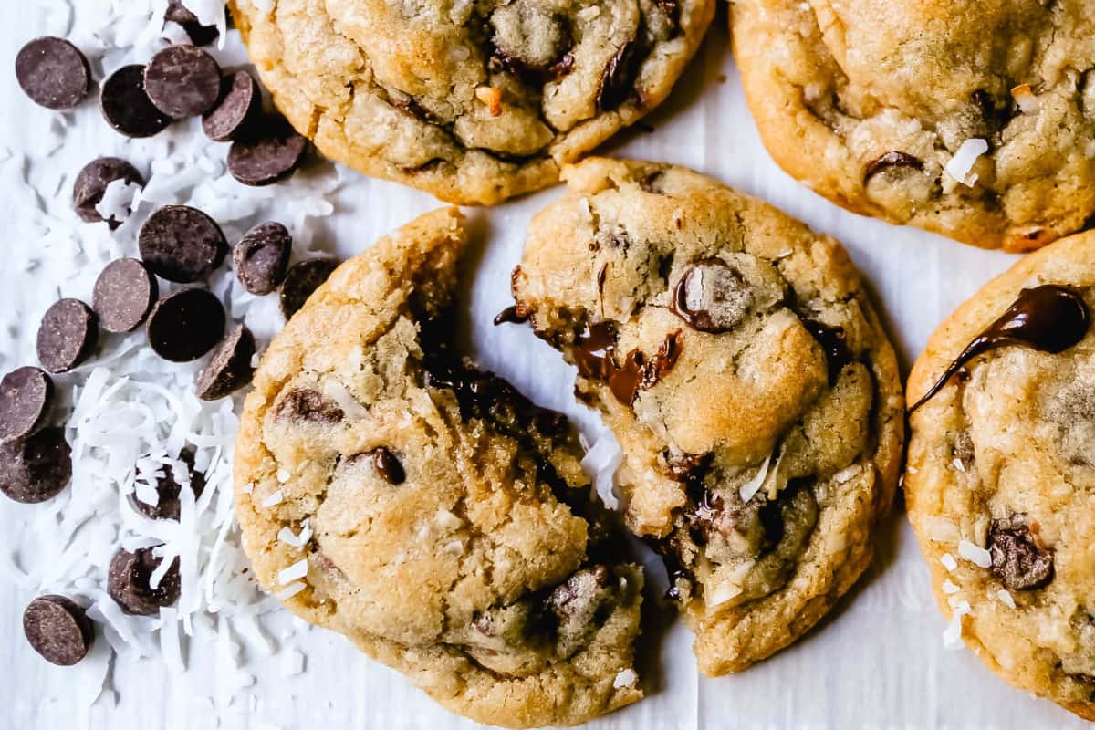 A plate of Chocolate Chip Coconut Cookies.
