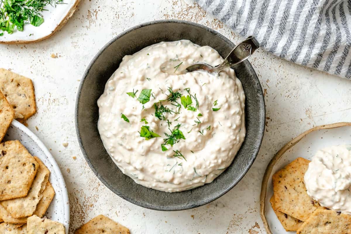 A dish of Cottage Cheese Herb Dip.