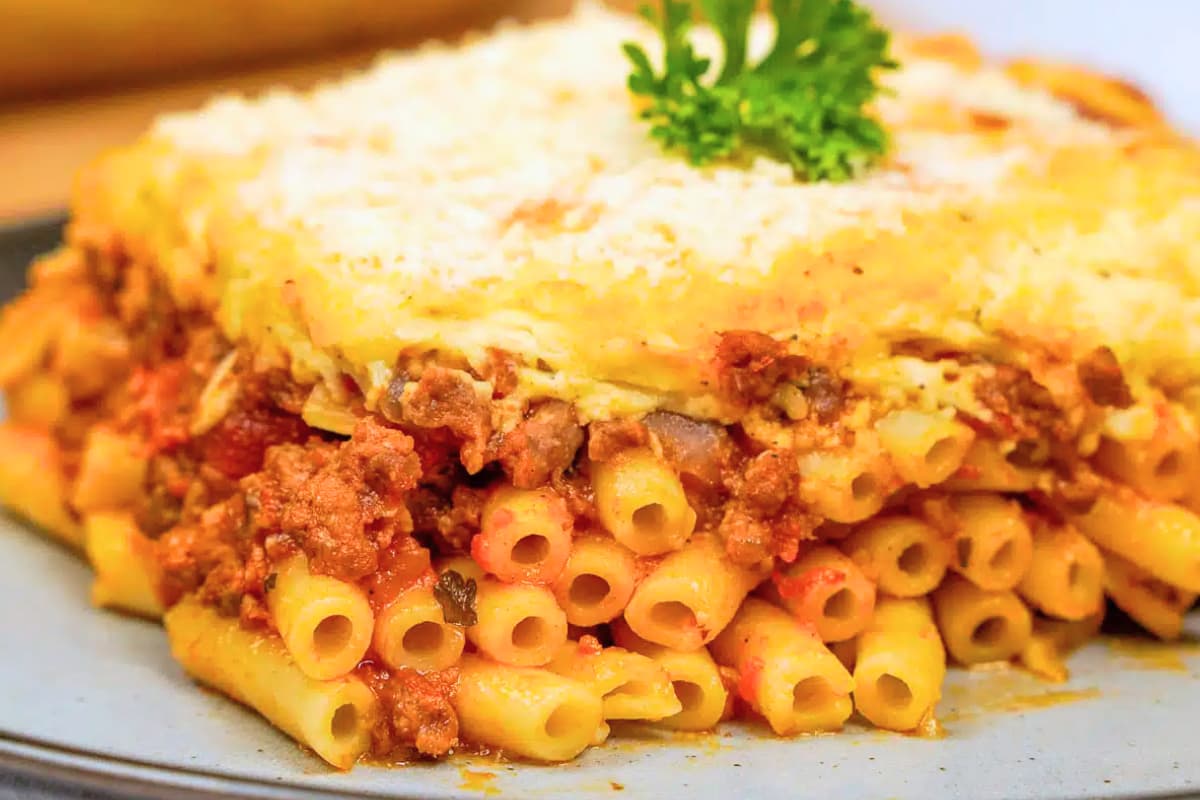 A plate of Pastitsio (Greek Pasta Bake).