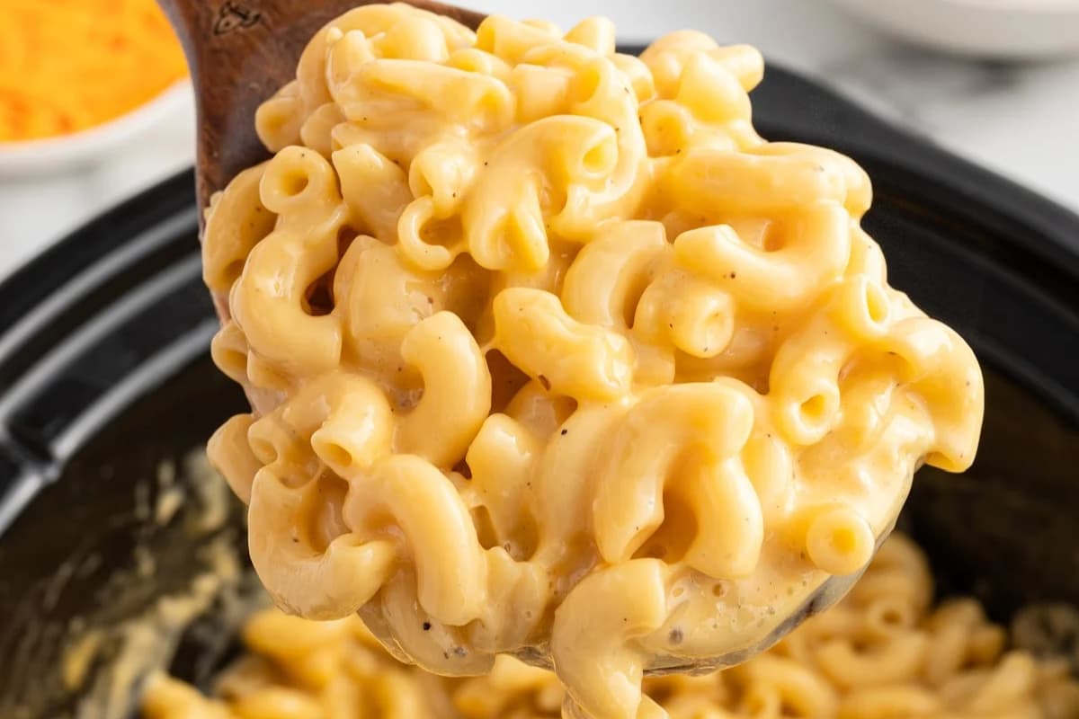 A dish of Crockpot Velveeta Mac and Cheese.