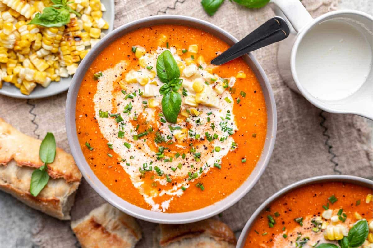A dish of Roasted Tomato and Corn Soup.